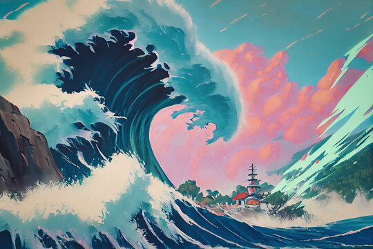 Painting Of A Tsunami Crashing Into The Shore. Generative AI Illustration