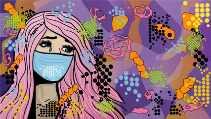 Cartoon lady wearing the face mask on a pop art style colourful background