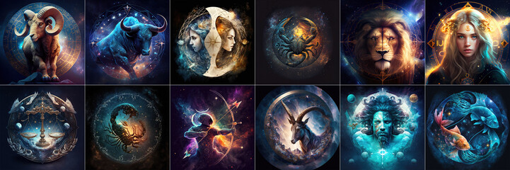Set of magical zodiac signs in universe, Generative AI - obrazy, fototapety, plakaty