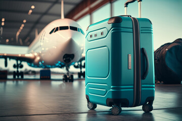 Luggage, baggage or suitcase in the airport with plane on background, ai generative illustration. 