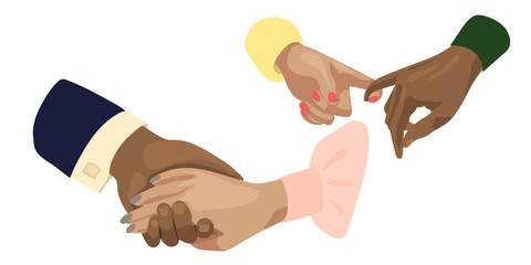 A set of illustrations of a man and a girl holding hands. Hand in hand man and girl. Couple. Colored leather. valentine's day. For a poster, a postcard, a banner for a wedding, a cup and a T-shirt