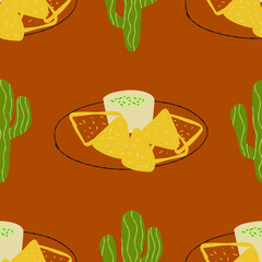 Seamless pattern with traditional Mexican food nachos with guacamole illustration with cactus