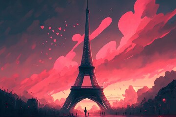 La tour Eiffel tôt le matin avec des ballons en forme de cœur, Paris ville de l'amour - illustration ia