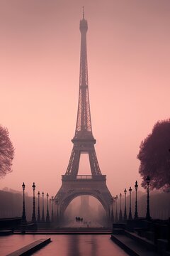 La tour Eiffel, tôt le matin avec une légère brume, pont d'Iéna piéton - illustration ia