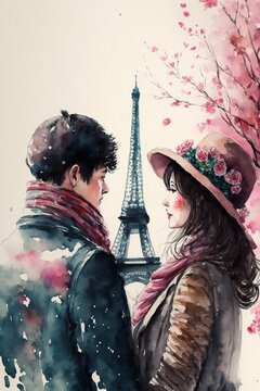 couple de chinois amoureux devant la tour Eiffel à Paris - peinture à l'eau