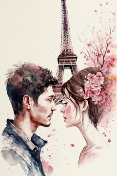 couple de chinois amoureux devant la tour Eiffel à Paris - peinture à l'eau
