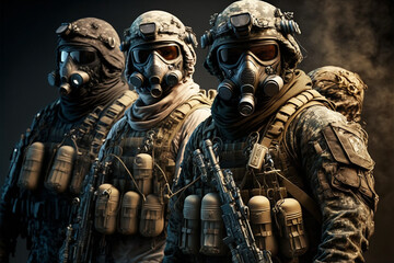 Three soldiers wearing gas masks on black background, Generative AI