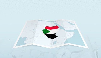 Map of Sudan with the flag of Sudan in the contour of the map on a trip abstract backdrop.