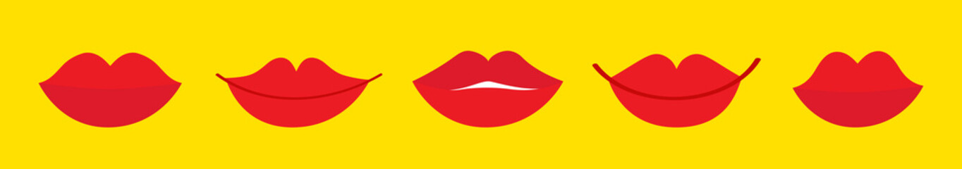 Female Lips icon. Red Lipstick makeup. Sexy lip set line. Woman Girl Mouth Set. White teeth tooth. Smile Kiss shape. Fashion beauty style. Flat design. Yellow background. Isolated.