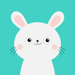 White bunny rabbit hare silhouette icon. Pink cheeks. Cute kawaii cartoon character. Happy Easter Valentines Day. Baby greeting card tshirt notebook sticker print. Blue background. Flat design.