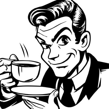 Vintage Man Drinking Coffee Black And White Comic Style. Based on Generative AI.