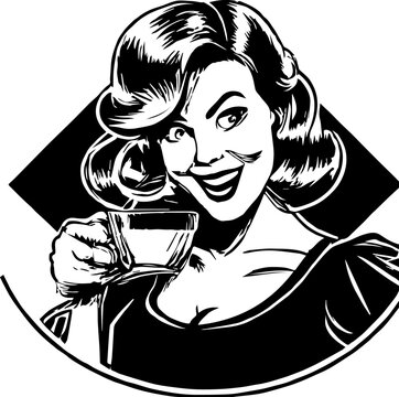 Vintage Advertising Woman Drinking Coffee Black And White Vector Style. Based on Generative AI.
