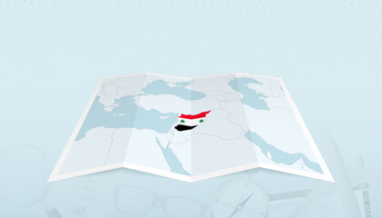 Map of Syria with the flag of Syria in the contour of the map on a trip abstract backdrop.