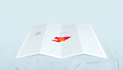 Map of Kyrgyzstan with the flag of Kyrgyzstan in the contour of the map on a trip abstract backdrop.