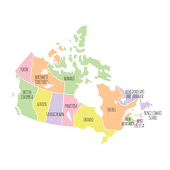 Canada political map with region names. Low detailed. Solid simple style. Pastel colours. Vector editable