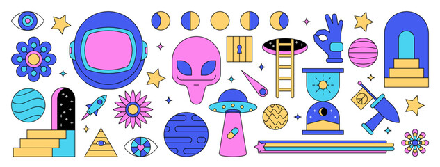 Space illustration in psychedelic style for digital or print. Vector assets, sticker, banner, or background