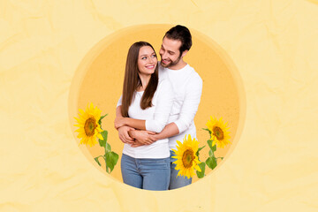 Creative collage photo sketch poster postcard of happy people enjoy romantic feelings together...