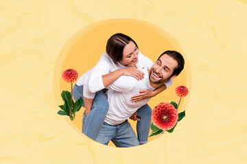 Creative photo collage artwork sketch of two happy people enjoy walking nature good mood have fun...