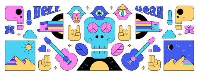 Music illustration in psychedelic style for digital or print. Vector assets, sticker, banner, or background