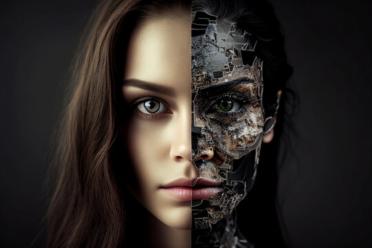 Artificial intelligence, a futuristic humanoid cyber girl with a neural network. Half woman, half robot. Cyborg woman that uses AI and ML. Can be an alien or ET