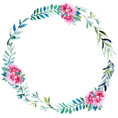 Wedding background is a wreath of pink flower buds and leaves. A wreath of watercolor flowers on a white background. Round floral text frame.