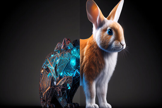 Artificial intelligence, a futuristic cyber animal with a neural network. Half animal, half robot. Cyborg animal that uses AI and ML. Can be an alien or ET