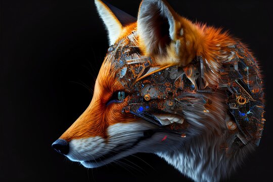 Artificial intelligence, a futuristic cyber fox with a neural network. Half animal, half robot. Cyborg fox that uses AI and ML. Can be an alien or ET