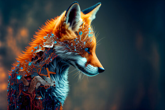 Artificial intelligence, a futuristic cyber fox with a neural network. Half animal, half robot. Cyborg fox that uses AI and ML. Can be an alien or ET