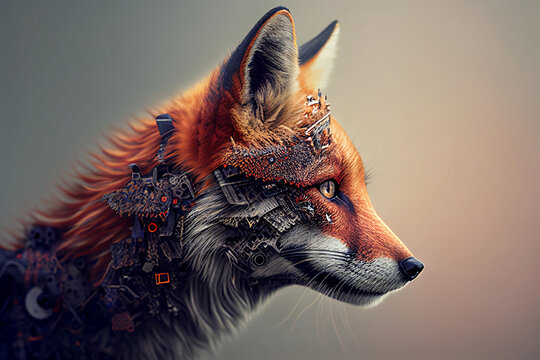 Artificial intelligence, a futuristic cyber fox with a neural network. Half animal, half robot. Cyborg fox that uses AI and ML. Can be an alien or ET