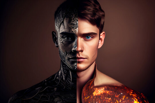 Artificial intelligence, a futuristic humanoid cyber man with a neural network. Half man, half robot. Cyborg man that uses AI and ML. Can be an alien or ET