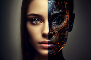 Artificial intelligence, a futuristic humanoid cyber girl with a neural network. Half woman, half robot. Cyborg woman that uses AI and ML. Can be an alien or ET