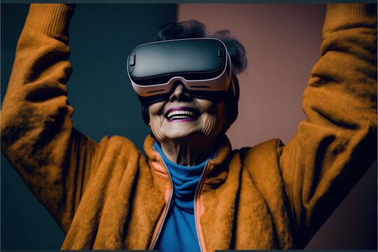 An Old Woman Wearing A VR Headset And Smiling - AI Generative