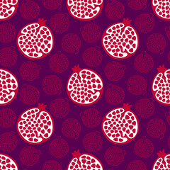 Pomegranate fruit, cut in half on vector seamless pattern.