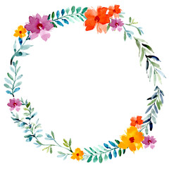 Wedding background is a wreath of buds of red and yellow flowers and leaves. A wreath of watercolor flowers on a white background. Round floral text frame.