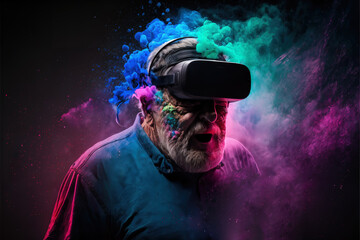 Obraz na płótnie Canvas An Old Man Wearing A VR Headset with colorful dust - AI Generative