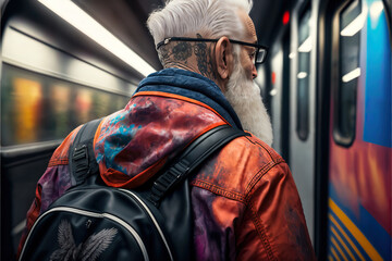 Fototapeta na wymiar an old cool gamer standing in front of a train - Generative AI