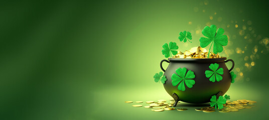black pot full of gold coins and shamrock leaves. st. patrick's day abstract green background for design, banner, invitation. digital art, generative ai - obrazy, fototapety, plakaty