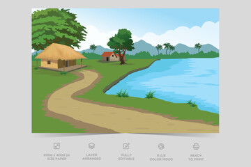 Fototapeta premium A beautiful look at village house. Farmers house rural side Indian village. Wide clear calm river, houses between trees on riverside, large green fields. Beautiful vector summer landscape. 