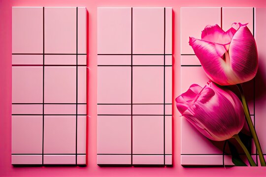Pink tulips dor mothers day, valentines day, wedding, love, on bathroom tiles, rule of thirds, isolated  (generative AI)