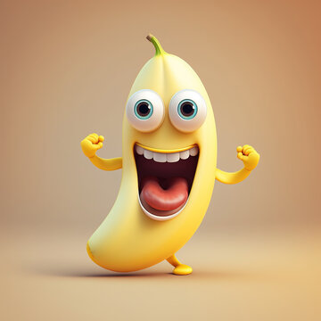 Cute Happy Banana Character Cartoon 3D. Generative AI