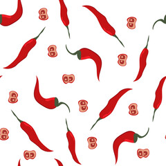 Seamless pattern with red chili pepper on a white background. Square composition. Vector background.