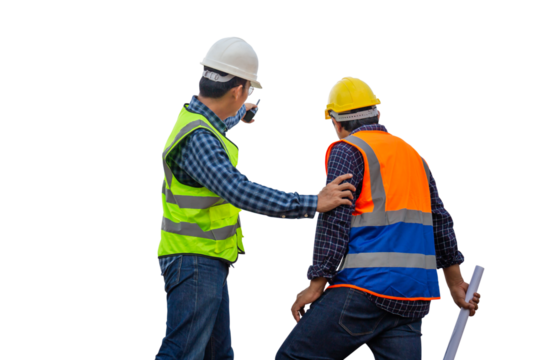 Engineer and foreman worker checking project at building site, Engineer and builders in hardhats discussing on construction site, Teamwork concepts