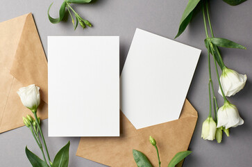 Blank wedding invitation card mockup with front and back sides, mockup with copy space