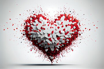 Heart shaped paper cut explosion on white background (generative AI)