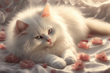 Cute white kitten lying in pink flower petals. Generative AI.