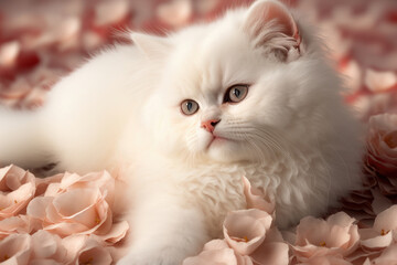 Cute white kitten lying in pink flower petals. Generative AI.
