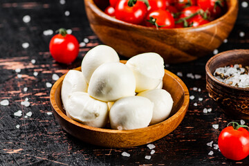 Mozzarella cheese with tomatoes and spices in bowls on the table.