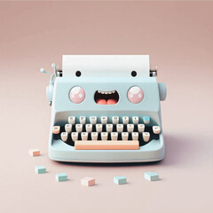 Cute & whimsical 3D typewriter icon character perfect for writing, literature projects, website icons, app buttons, marketing materials. Adorable cartoon-like design, cheerful colors, friendly express