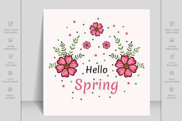 Hello Spring trendy square art background. Editable spring season vector template for card, banner, invitation, social media post, poster, mobile apps, web ads, promotions, magazines, advertising.
