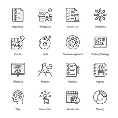 Reporting, Workplace, Action List, Directions, Puzzle, Goal, Time Management, Trading Strategy, Efficiency, Mission, Priorities, Agenda, Way, Interaction,  Outline Icons - Stroked, Vectors